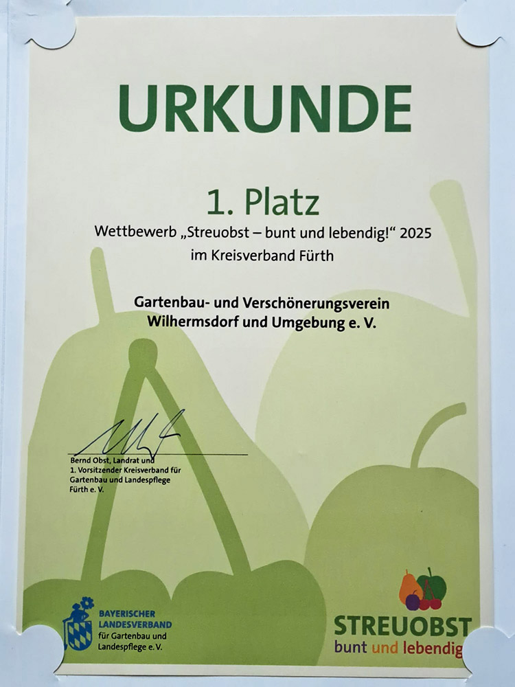 Urkunde 1. Platz Streuobst